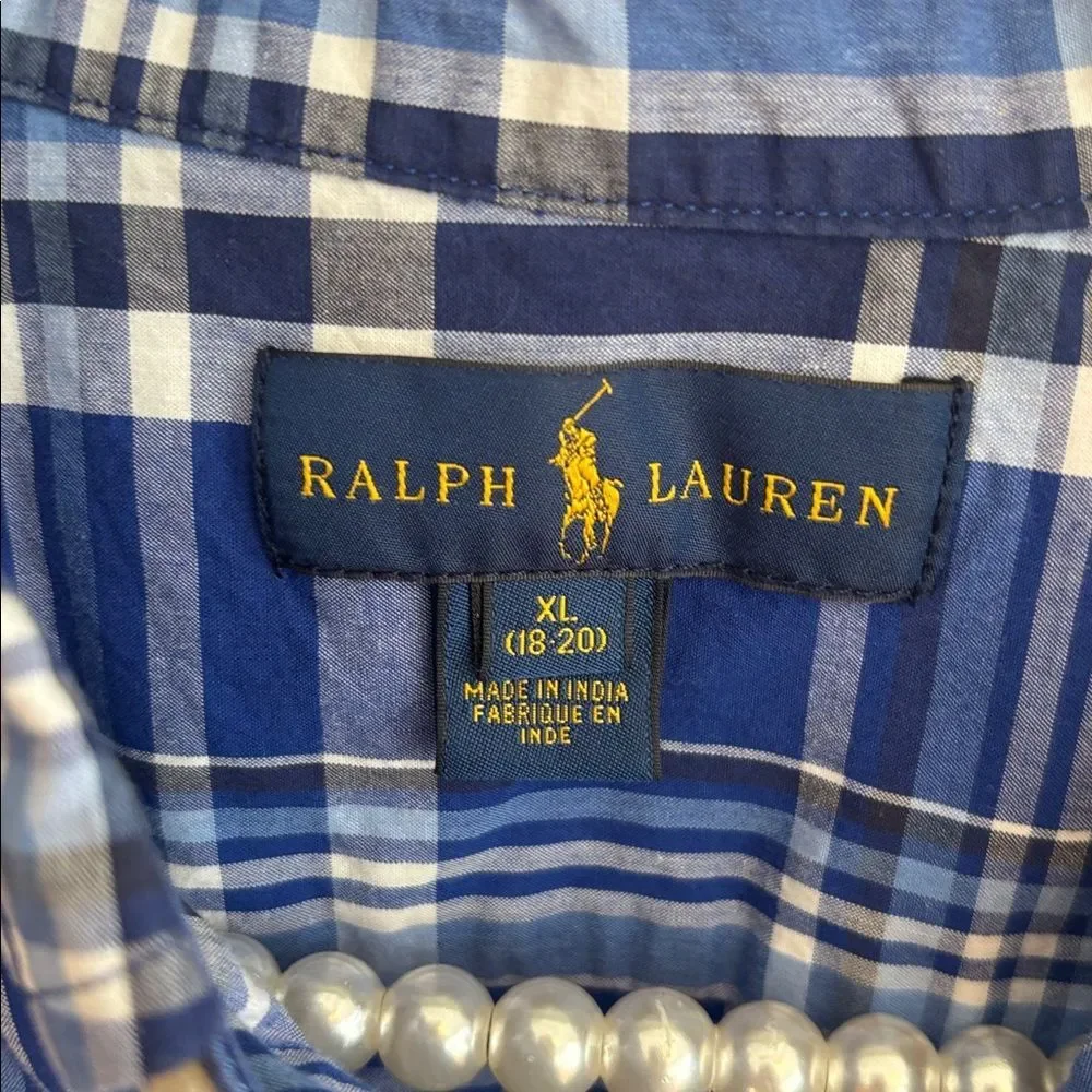 Ralph Lauren boys Blue and White Plaid button down Shirt size xl